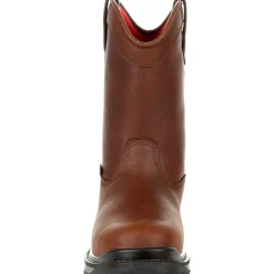 Women Rocky Men's Rams Horn 10" Comp Toe WP Pull-On Work Boot- Brown- RKK0315